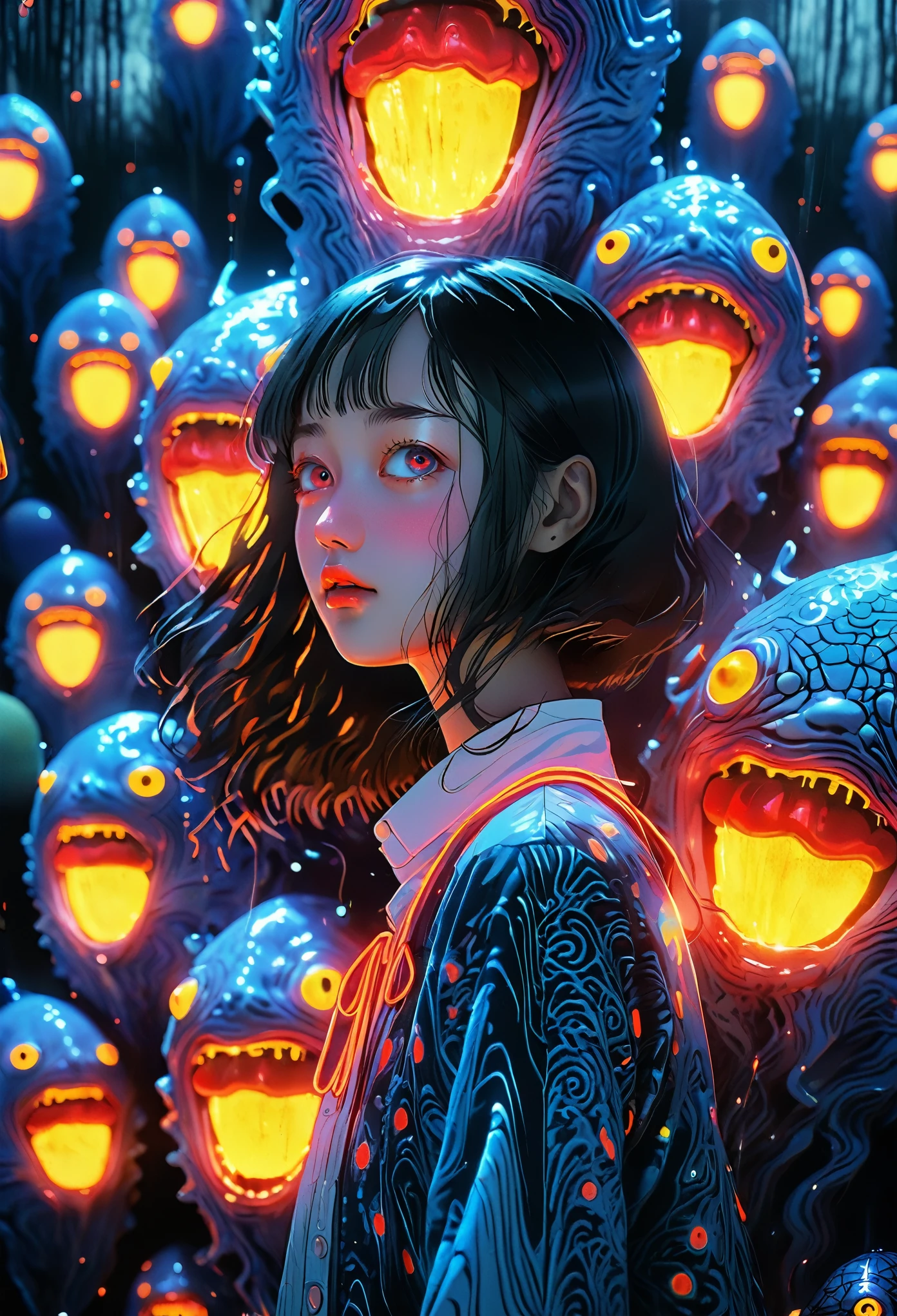 surreal horror, anime style, directed by Junji Ito, high contrast, vivid colors, eerie atmosphere, psychological tension, intricate line work, nightmarish creatures