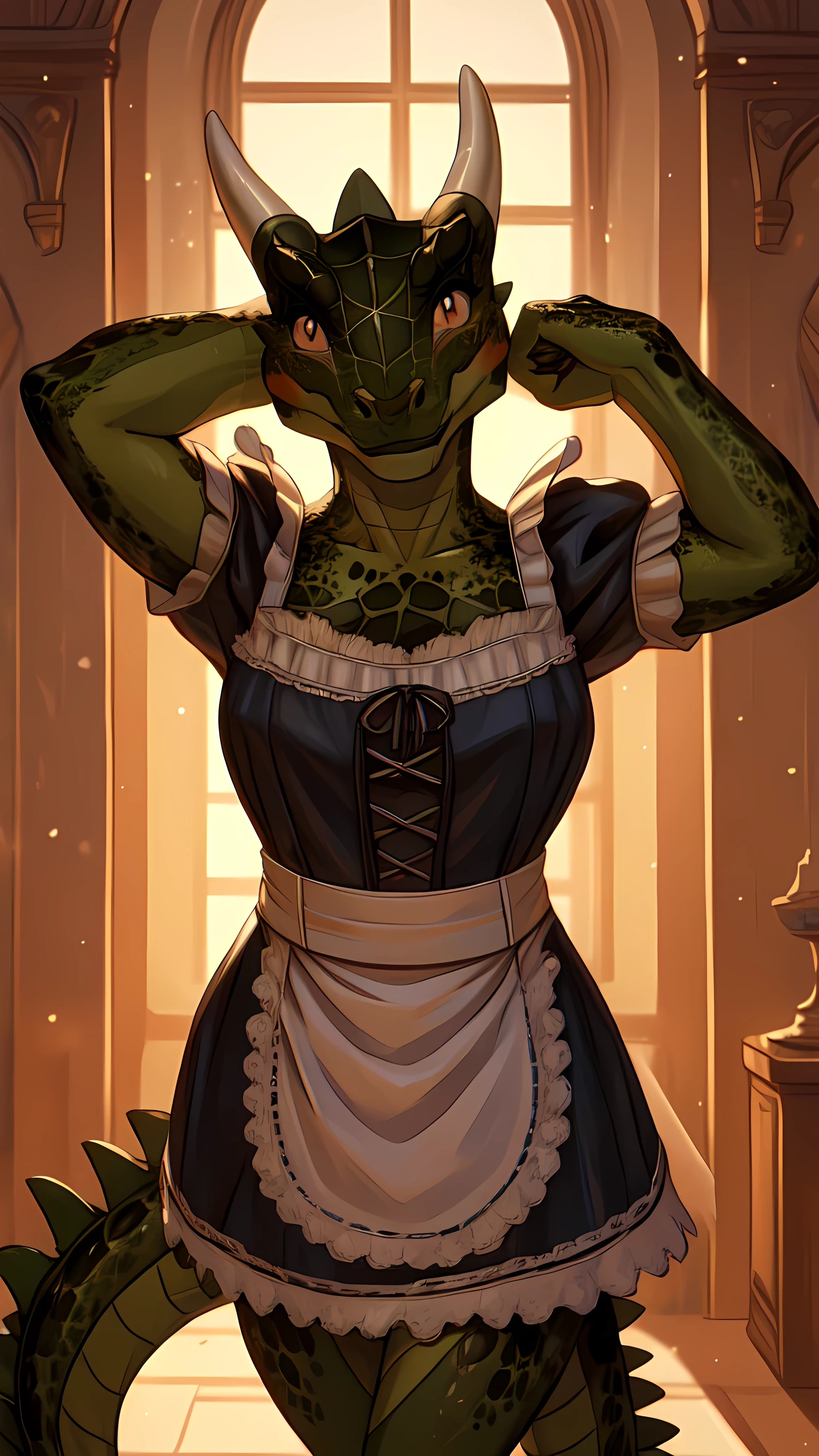 anime, hdr, soft light, ((best quality)), ((masterpiece)), (detailed), lustyargonian, maid, colored skin, green skin, tail, horns, (scales:1.2), (snout, animal nose:1.1), blush, embarrassed, (looking at viewer:1.1), cowboy shot,  (sexy pose:1.5), mansion,(naked:1.2), (nsfw:0.35)