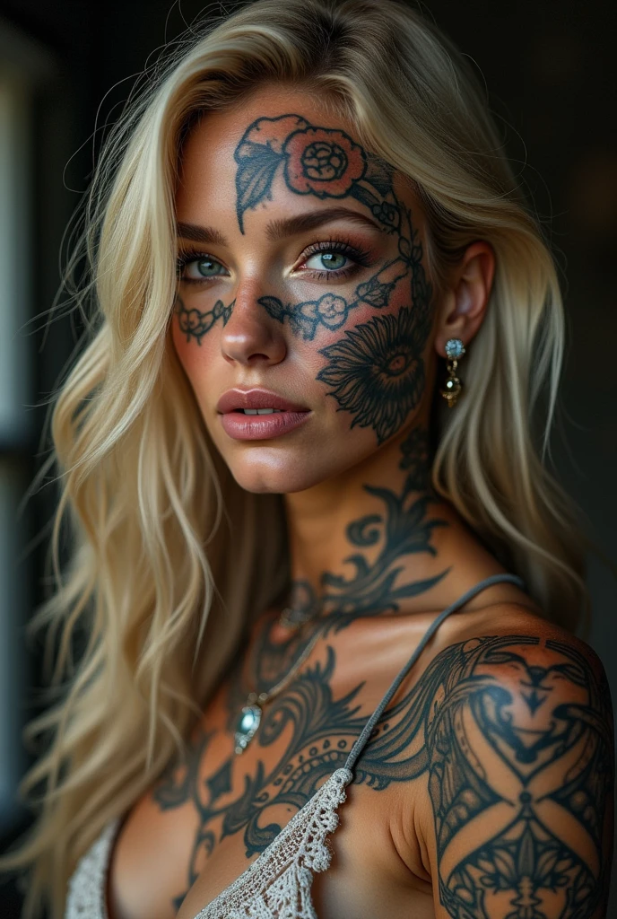American woman with Chicano tattoos on face and body and lion Facial tattoos in text Lions are real Blonde beauty 