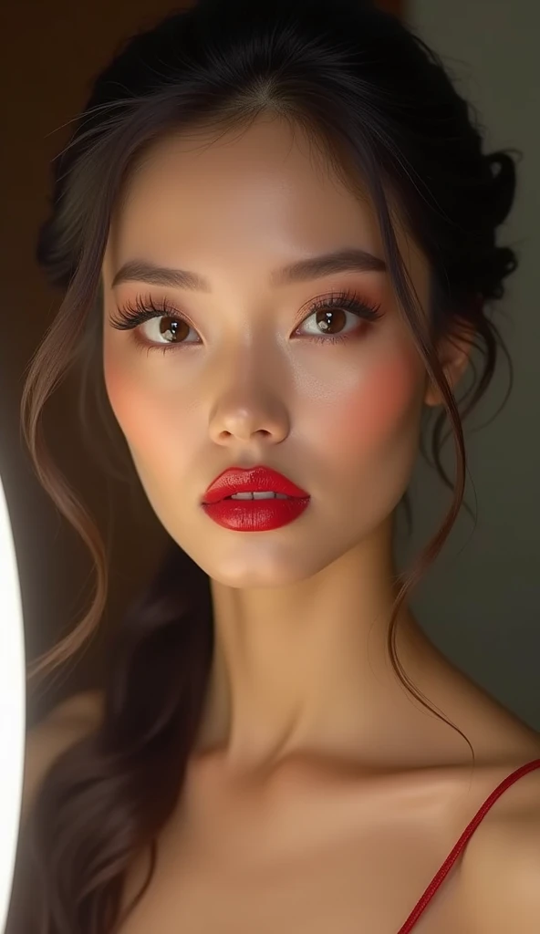 Masterpiece, absurdres, fine detail, HDR, highly detailed face and eyes, photorealistic,yunyun, (8k, best quality, masterpiece:1.2), (((donghua)). A pretty woman with perfect figure :1.4, Slender abs :1.2, ultra-detailed face, highly detailed lips, detailed eyes, double eyelids, ((make-up face. Red Lipstick)). black hair
((Sweater, bare shoulder)),
((Only shows the face)). ((Only shows the face)). pretty face. captivating. make-up face. long eyelashes, and lips with lipstick. Smile, ((Only shows the face)). ((Only shows the face)). pretty face. captivating. make-up face. long eyelashes, and lips with lipstick. Smile , ((in front of the make-up mirror))