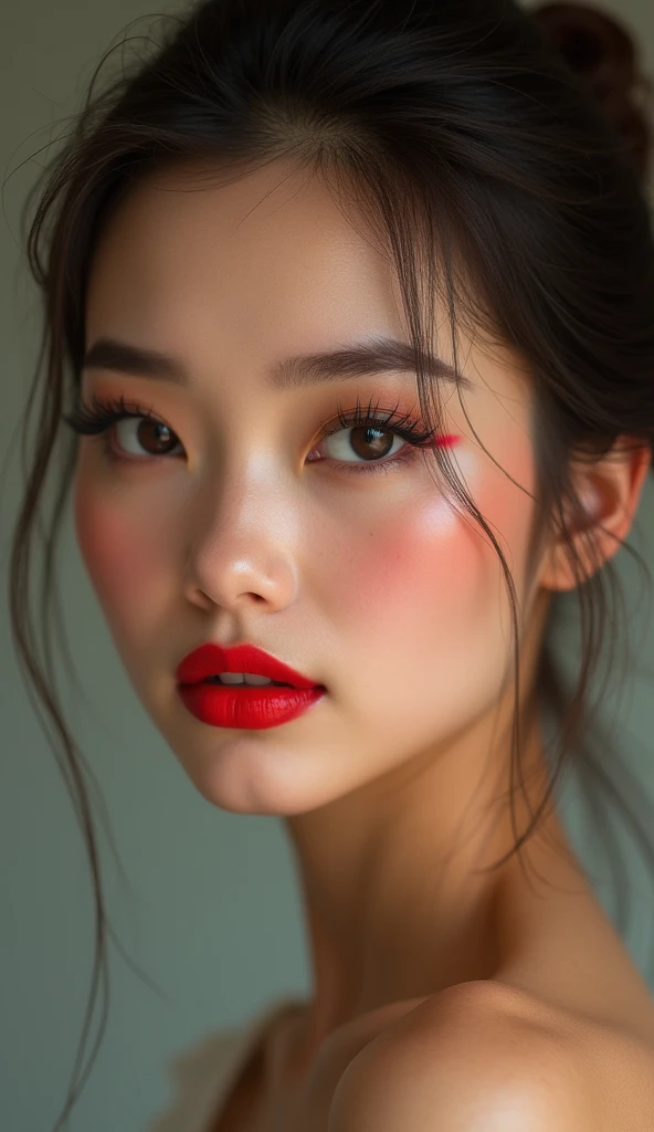 Masterpiece, absurdres, fine detail, HDR, highly detailed face and eyes, photorealistic,yunyun, (8k, best quality, masterpiece:1.2), (((donghua)).    A pretty woman with perfect figure :1.4,   Slender abs :1.2,   ultra-detailed face,   highly detailed lips,    detailed eyes,   double eyelids,  ((make-up face. Red Lipstick)).  black hair

((Sweater, bare shoulder)),

((Only shows the face)).  ((Only shows the face)).    pretty face.    captivating.    make-up face.    long eyelashes,    and lips with lipstick.   Smile,  ((Only shows the face)).  ((Only shows the face)).    pretty face.    captivating.    make-up face.    long eyelashes,    and lips with lipstick.   Smile ,    ((in front of the make-up mirror))