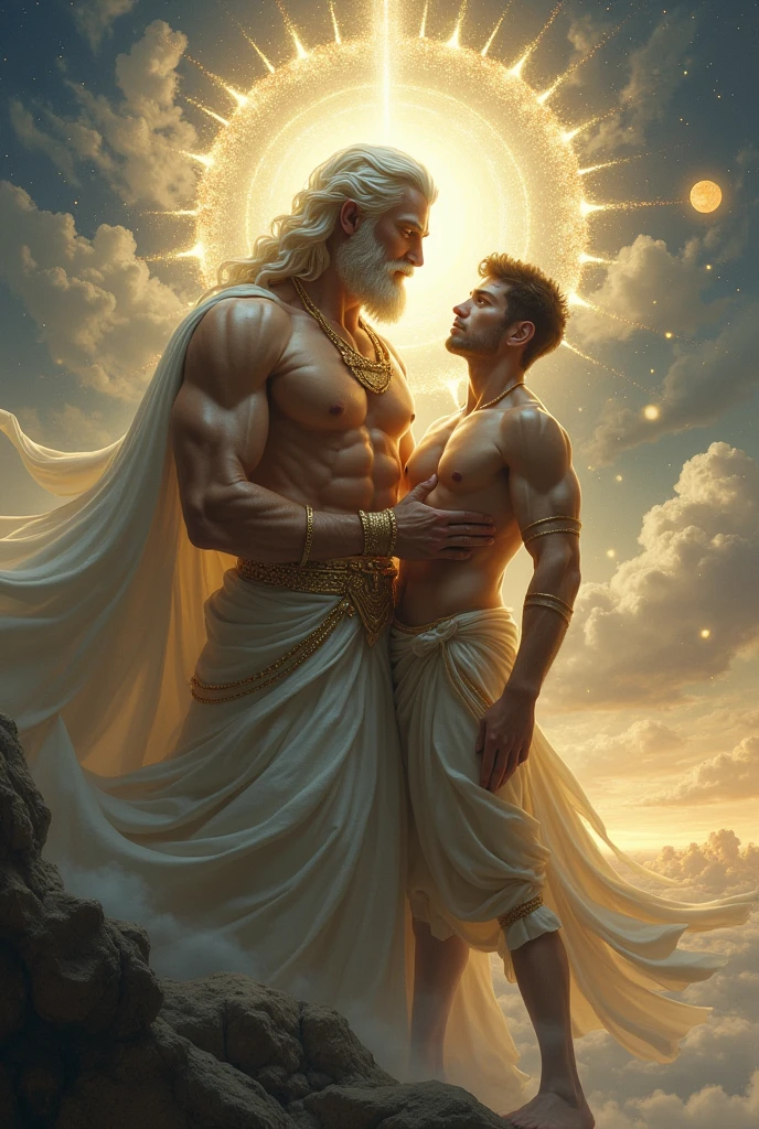 Help me create 7 images different from each other about a male god caring or protecting a helpless male person 