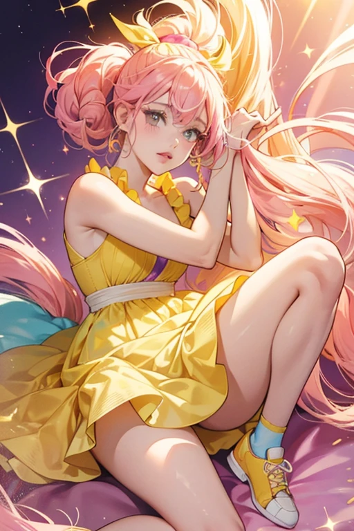 Her lips are pink and her hair is mainly light blue and worn in a spiked ponytail, held by a yellow coral headband. Her right-swept bangs and forelock frame her face and are dyed peach. She wears a split pink and yellow dress with purple lining detail and yellow shoes. SPARKLE; GLITTER