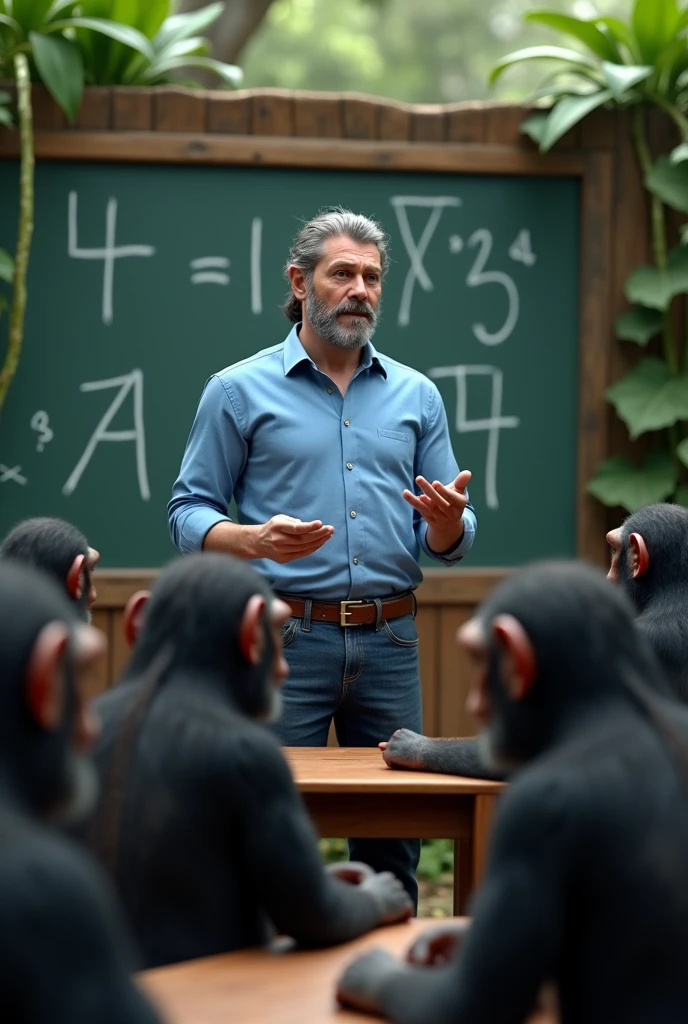 male teacher dressed in a blue shirt . He has gray curly hair combed back in a ponytail, Without beard. Teaching math to wild chimpanzees