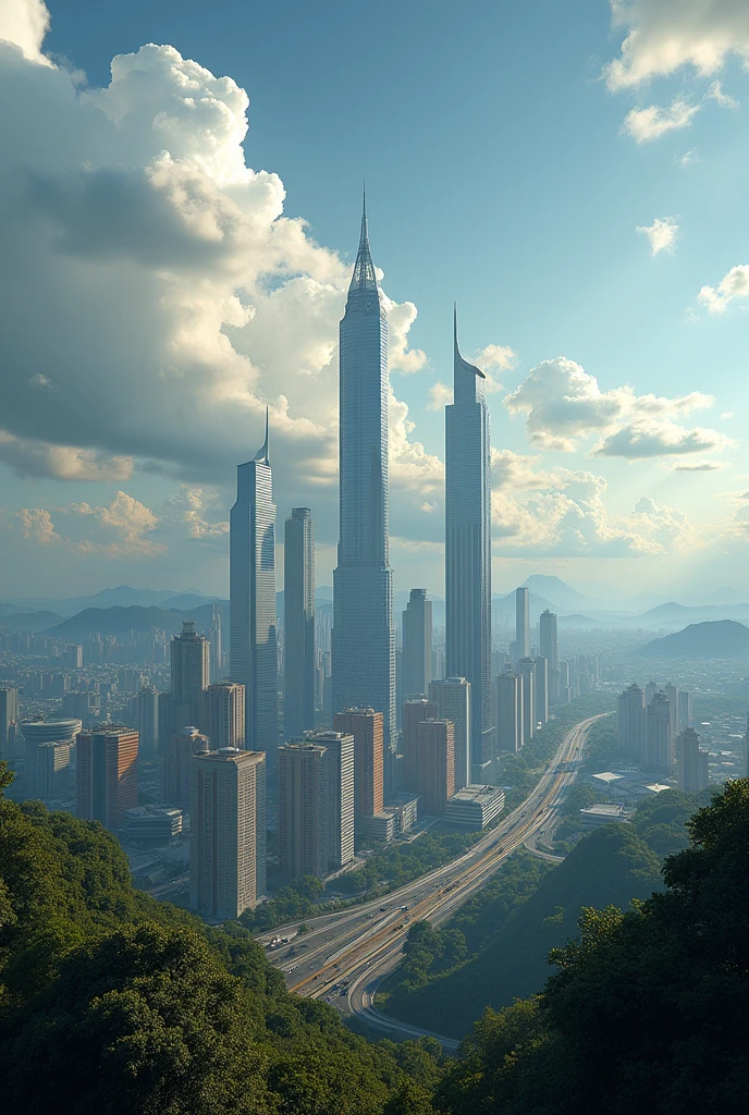 Ville paysage africaine avec des buildings et nuages avec un texte du nom "LET'S GET IT". très réaliste en 8k