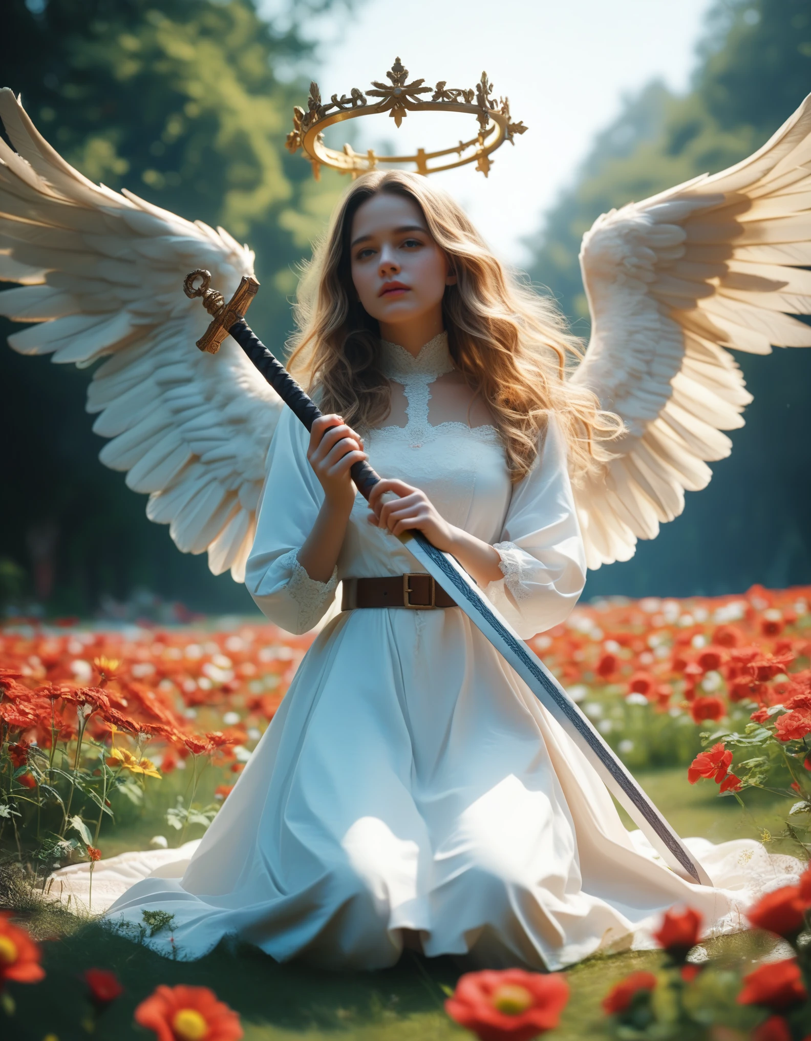 Detailed and vibrant anime-style illustration featuring a young woman with long, wavy blonde hair and fair skin. She is depicted kneeling on the ground, holding a large, ornate sword with both hands, the tip of which is embedded in the earth. She wears a white dress with a brown belt and has a golden halo above her head, signifying an angelic presence. Her expression is one of determination and resolve, with her eyes looking upwards. She also has white feathered wings extending from her back. The background is dark, contrasting with the bright figure, and there are small red flowers scattered on the ground around her. The overall composition is dynamic and emotive, capturing a moment of solemnity and strength. anime, anatomically correct, super detailed, high quality, 4K, high details, super detailed, 4k