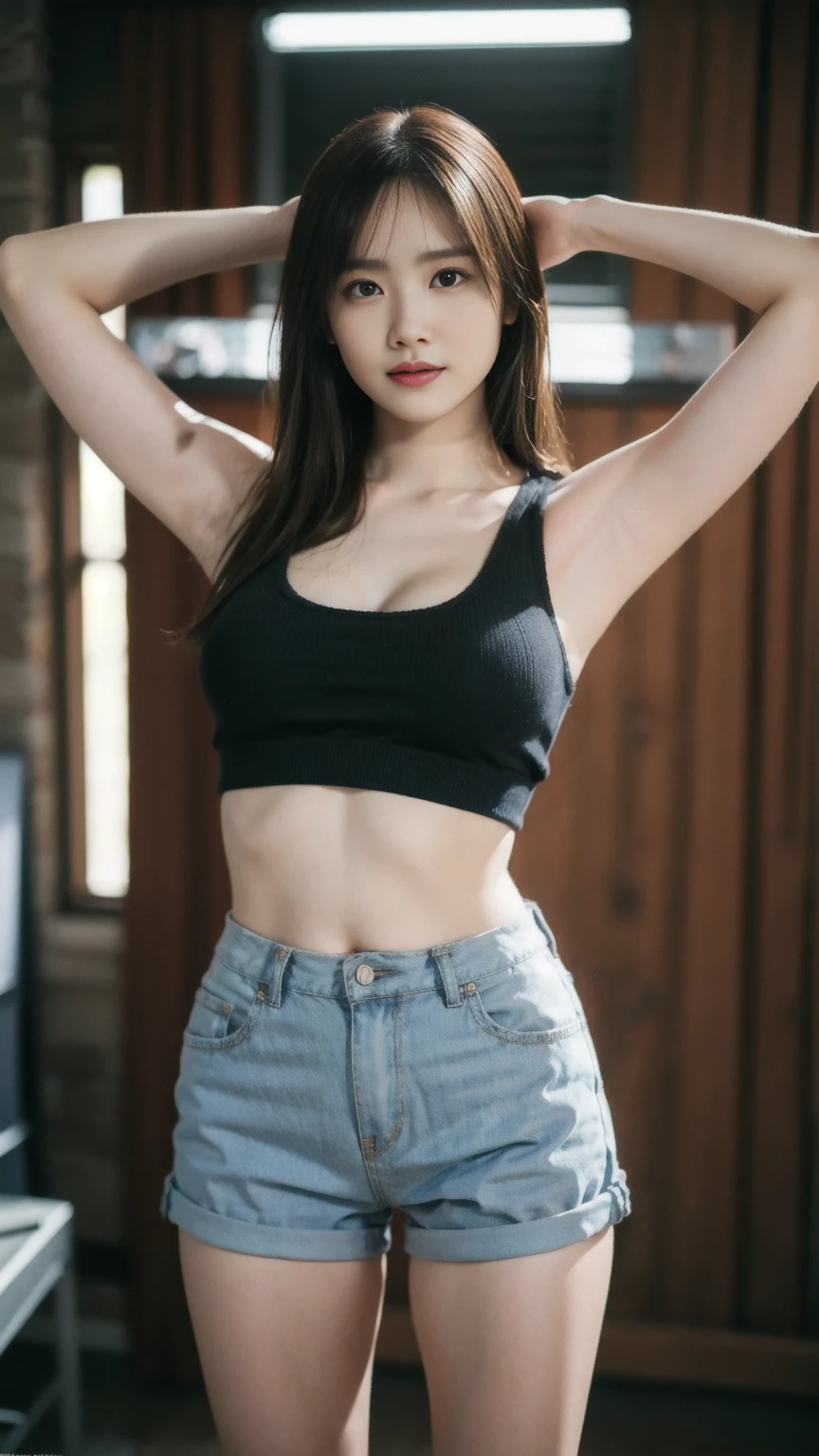 ((1girl)), woman, masterpiece, best quality, highest quality, cinematic lighting, (volumetric lighting), extremely detailed CG unity 8k wallpaper, focused, 8k wallpaper, extremely detailed, ultra realistic, photorealistic, sharp focus, absurdres, (HDR:1.2), (high contrast), photograph, detailed and intricate, instagram, portrait, highly detailed, digital painting, artstation, concept art, smooth, sharp focus, illustration, cinematic lighting, (big breast:1.3), (((skinny, slim legs))), (japanese idol posture), (knit strap tanktop, short pants, cleavage), looking at the viewer, (I don't see arms)), ((Standing)), ((Medium body shot, hip level shot)), long hair, ((arms up)).