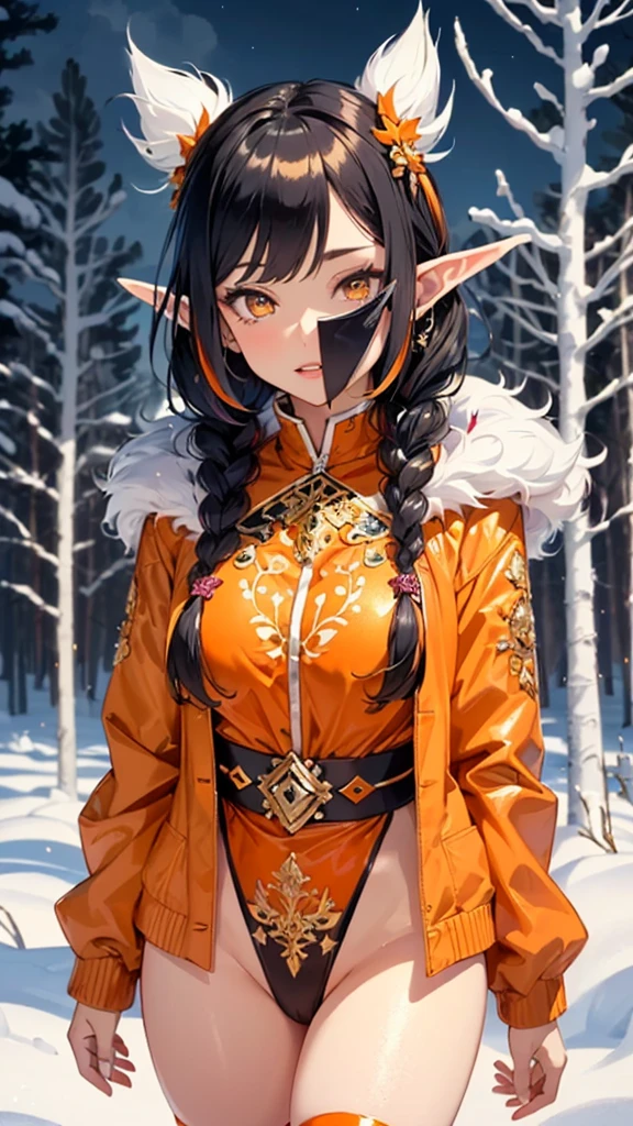 cute elf,(((little ,tiny little body,little))),(((6 years old))),((anime elf with extremely cute and beautiful orange hair)), (((elf))), (((elf ears))),
(((flat chest))),((((black hair:1.35,messy orange hair,long hair,huge braids,colored inner hair,ear breathing)))),(((orange_eyes:1.3))),intricate eyes,beautiful detailed eyes,symmetrical eyes,big eyes:1.5,(((lustrous skin:1.5,bright skin: 1.5,skin tanned,shiny skin,very shiny skin,shiny body,plastic glitter skin,exaggerated shiny skin,illuminated skin))),(detailed body,(detailed face)),
cute,slutty,erotic,daring,(((nsfw))),
zettai ryouiki,revealing clothing,show skin,(((Sexy orange coat, orange coat outfit, wearing a orange coat:1.3,orange winter coat))), ((orange mini-skirt,orange mini skirt with furry edge,visible thong straps)),(white gloves,orange clothes,semi-naked,with little orange clothing,((((furry edge clothing)))),(((intricate outfit,intricate clothes,embroidered outfit,ornate outfit))),
(dynamic pose:1.0),embarrassed,(centered,scale to fit dimensions,Rule of thirds),
((snowy pine forest at night)),with dark stormy clouds,winter,scenery:1.25,((snow forest background)),Christmas tree,
highres,sharp focus,(ultra detailed,extremely detailed),(photorealistic artwork:1.37),(extremely detailed CG unity 8k wallpaper),(((vibrant colors,vibrant theme))),(intricate),(masterpiece),(best quality),