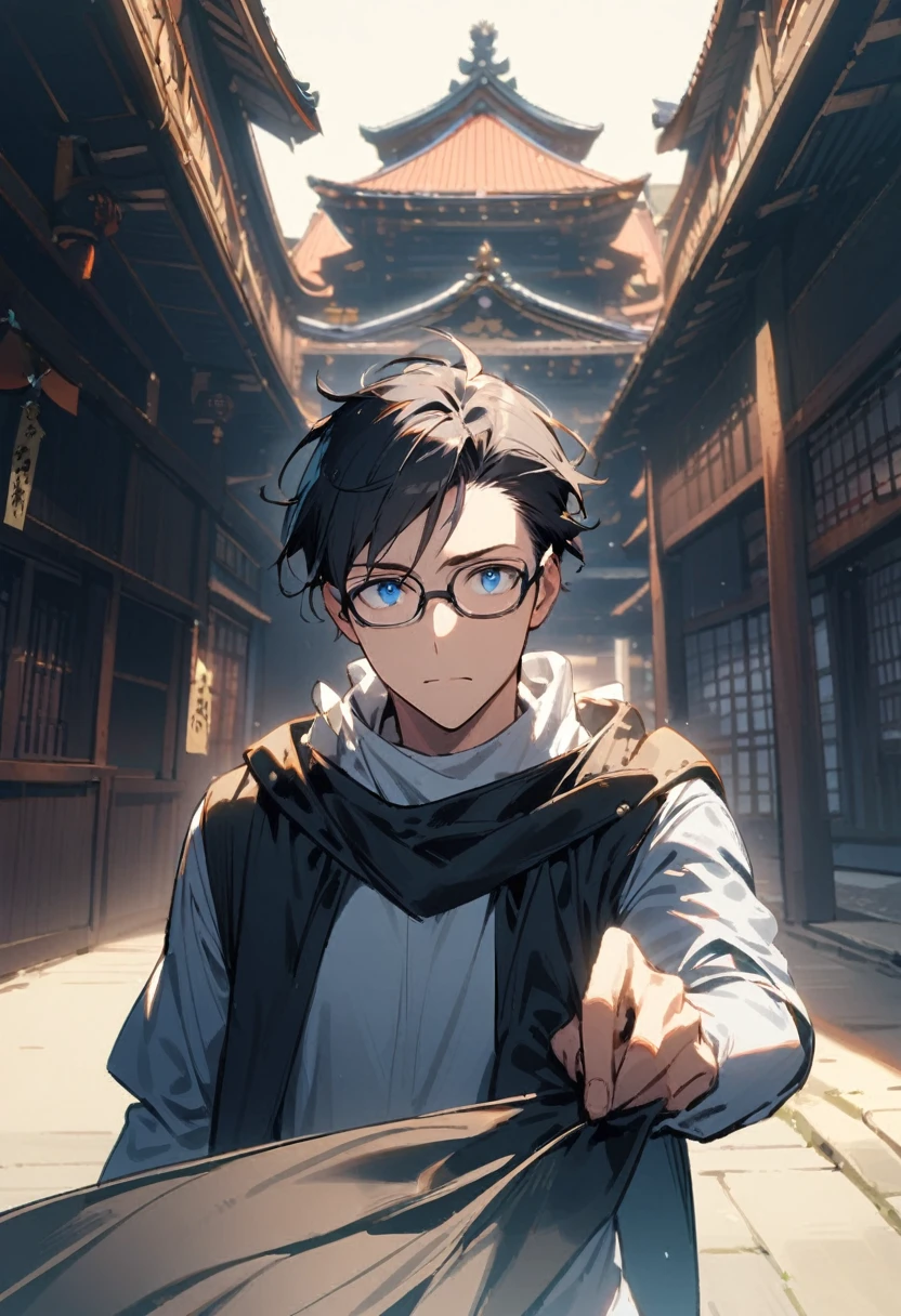 1 boy, alone, Upper body,wearing glasses,dynamic angle,dynamic pose,
black hair, short hair ,blue eyes, knight costume,japanese temple background ,wearing glasses,