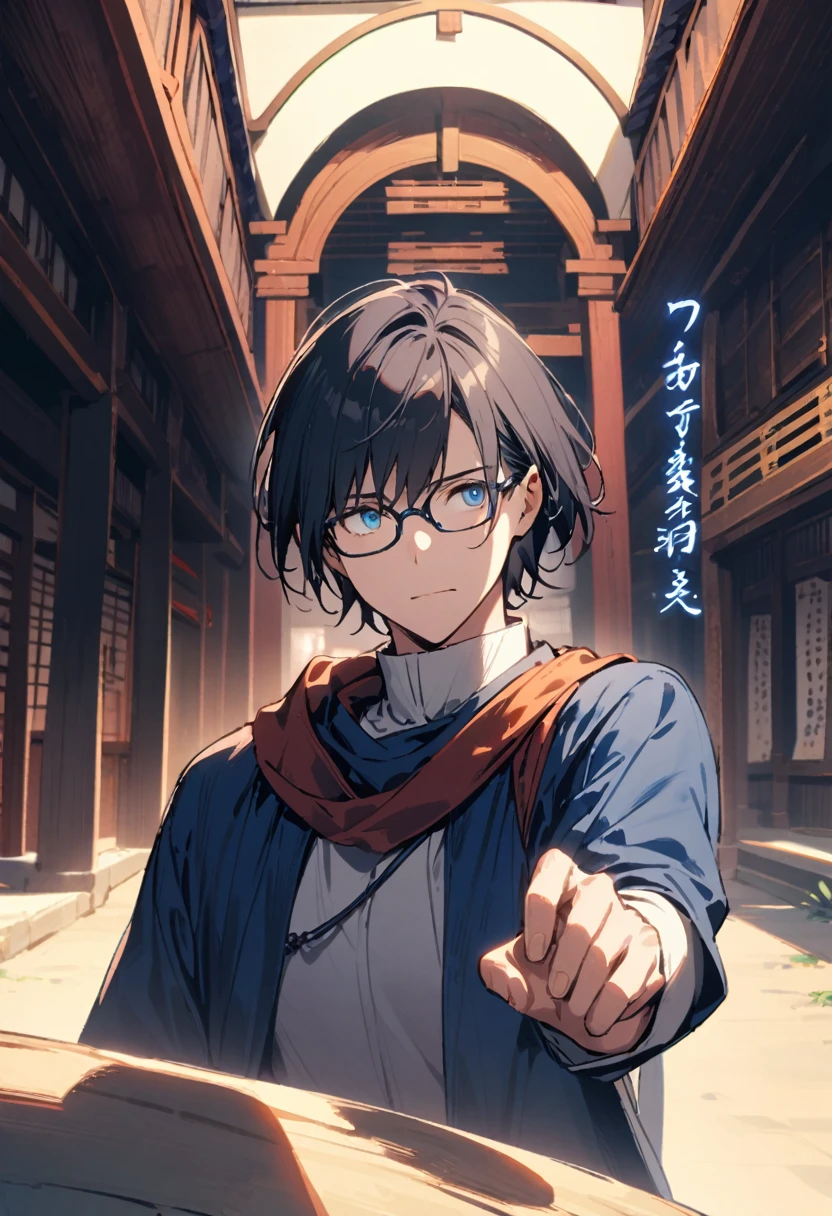 1 boy, alone, Upper body,wearing glasses,dynamic angle,dynamic pose,
black hair, short hair ,blue eyes, knight costume,japanese temple background ,wearing glasses, 