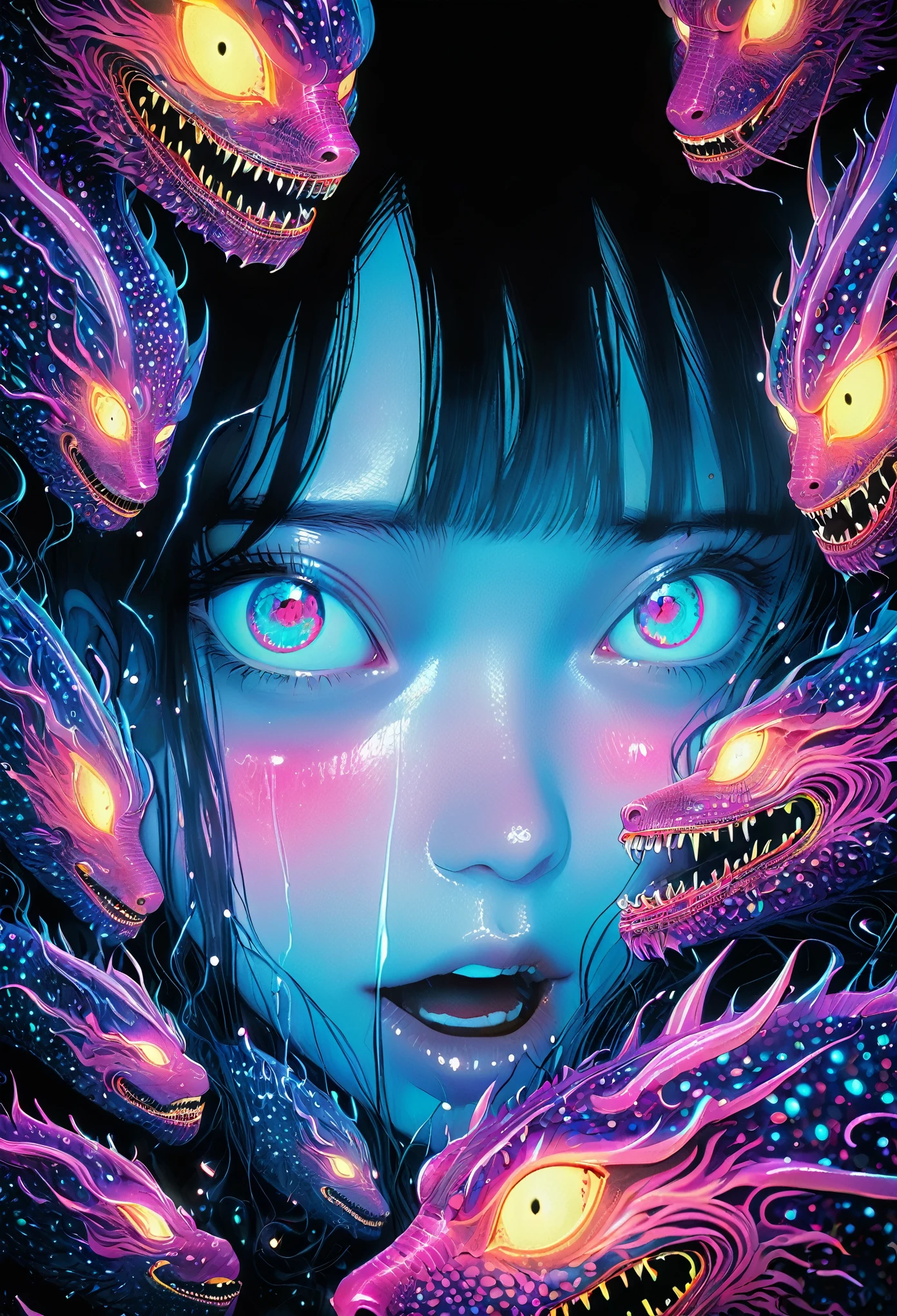surreal horror, anime style, directed by Junji Ito, high contrast, vivid colors, eerie atmosphere, psychological tension, intricate line work, nightmarish creatures
