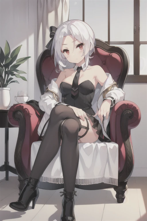 Vittorio_Veneto \(warship girls r\),((masterpiece)),(((best quality))),((ultra-detailed)),((illustration)),((disheveled hair)),((frills)),(1 girl),(solo),1girl,animal,armchair,ass,bangs,bare shoulders,black bow,black dress,black footwear,black legwear,black necktie,boots,bow,breasts,cat,chair,closed mouth,collarbone,crossed legs,cup,curtains,dress,eyebrows visible through hair,full body,hair bow,hair ornament,hair ribbon,head tilt,high heels,holding,holding cup,indoors,jacket,jacket on shoulders,short hair,long sleeves,looking at viewer,low ponytail,mole,necktie,off shoulder,office chair,on chair,plant,potted plant,red eyes,ribbon,sidelocks,silver hair,sitting,skindentation,solo,table,teacup,thigh strap,thighhighs,thighs,vase,window,younger,