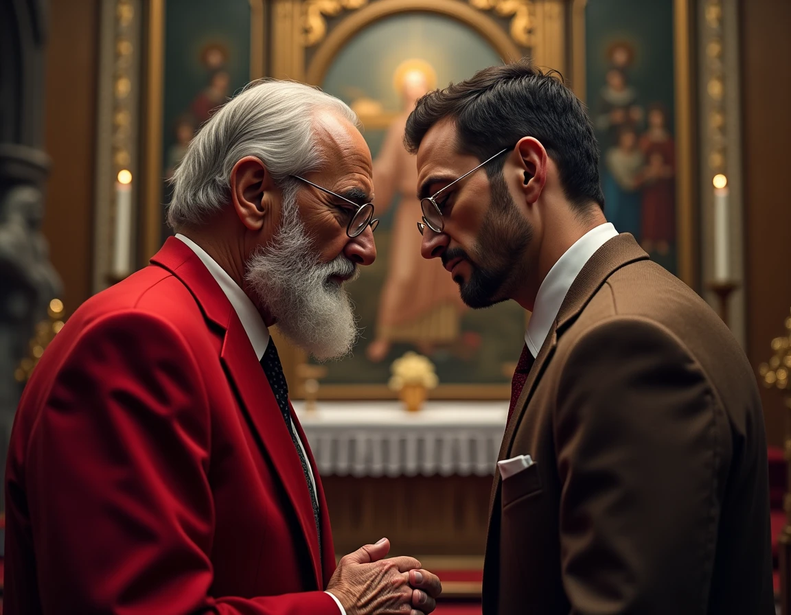 One in a red suit, a gray-haired bearded man with glasses and another young man without glasses in a brown suit sitting in the church with tears and closed eyes