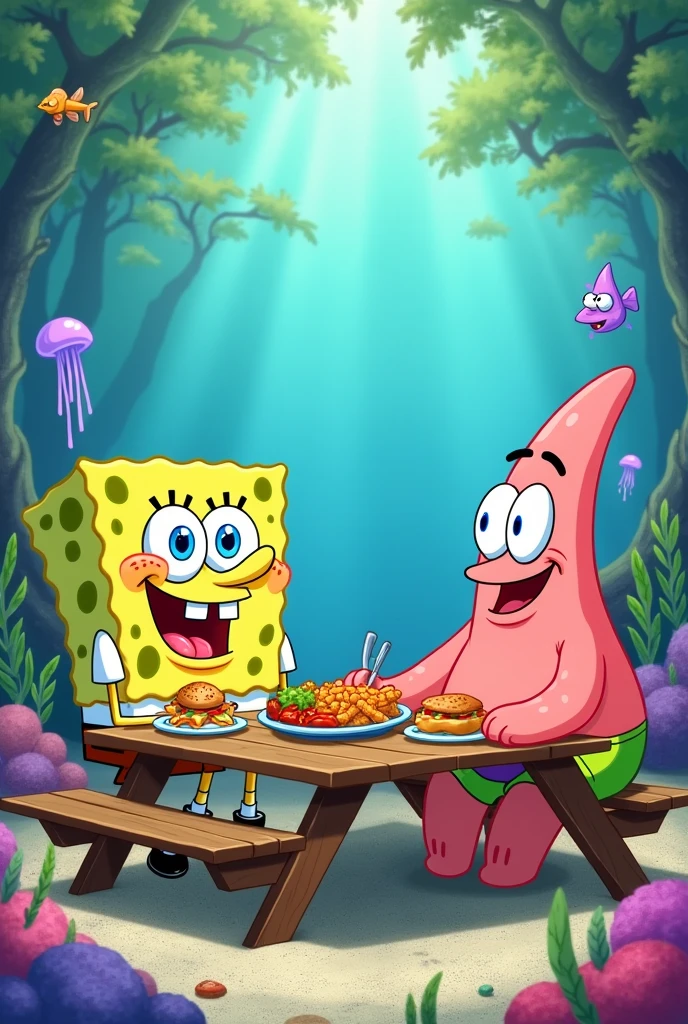 Spongebob eating lunch with Patrick Star