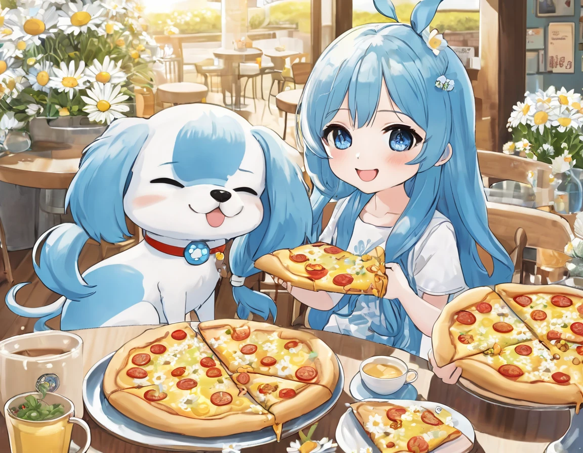 Light blue long hair、Cute chibi character with twin tails、Eating a big pizza、A deliciously beautiful smile、A bright cafe with lots of sunlight、A lot of white daisies are displayed、My dog is with me