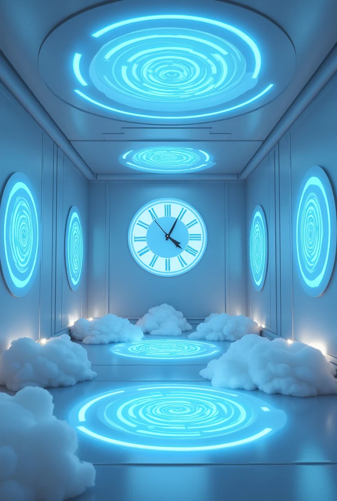 Create a time-themed room art, with a clock on the middle of the wall and around the clock several circles in the shape of blue octagrams, the room looks like it&#39;s above the clouds, and it looks like this is in a futuristic world 