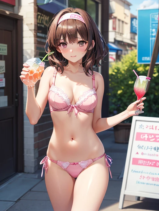 (((masterpiece, highest quality, High resolution, 超High resolution, Perfect Pixel, Depth of written boundary, 4K, RTTX 10.0))), Beautiful Anime Woman, Beautiful art style, Anime characters, ((Smooth texture, Realistic texture, Anime CG Style)), Exact finger count、Exact number of legs、(Exact number of arms:1.0, Exact number of hands:1.0), (Perfect hands, Perfect Anatomy), cinematic, Realistic, Extremely detailed CG, Daytime lighting, Perfect lighting, Best Shadow, The best natural light, whole body, Perfect body, (Slender body:1.2), ((Long Hair, bangs, Dark brown hair, Stylish hairstyle, Bobcut)), ((A cute woman is walking shyly with a drink in her hand:1.4)), ((alone:1.0)), beauty, cute, ((Sexy and cute pink underwear:1.3), (Stylish shiny pink satin panties, Side-tie panties:1.3), (Thin panties:1.3), (Pink micro lace satin bra, Thin bra:1.3):1.3), (Beautiful and big breasts, Cleavage:1.2), (Beautiful and thin thighs:1.3), Feeling embarrassed, (blush:1.2), (Very embarrassed look:1.4), Troubled expression, (At an outdoor amusement park, There is a Ferris wheel and people having fun behind it.々:1.3), naked, In underwear, Waitress in underwear, Maid Headband