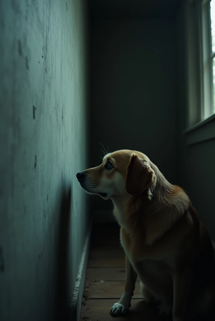 A dog staring at the wall in a house, nightmare 
