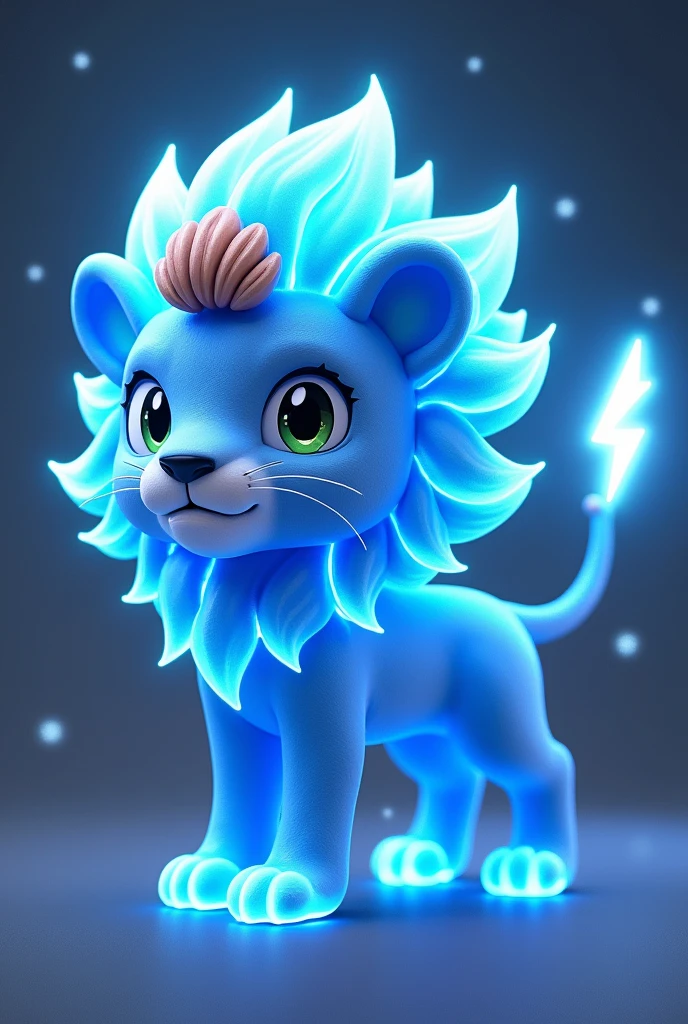 A age lion in the style of Pokemon covered in electric lightning with its small electrified mane and a small lightning bolt on the tip of its tail, completely blue in color with a crown of shells on top of its electrified mane.