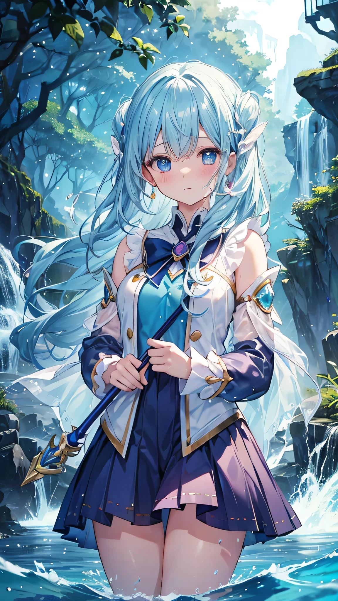 A young magical girl、Thighs、Water Magic、Failing and getting wet、Embarrassed expression、Panic、alchemy、Wet clothes、Wet Hair、Jeweled wand、Water from the wand、Waterlogged alchemy wooden room、