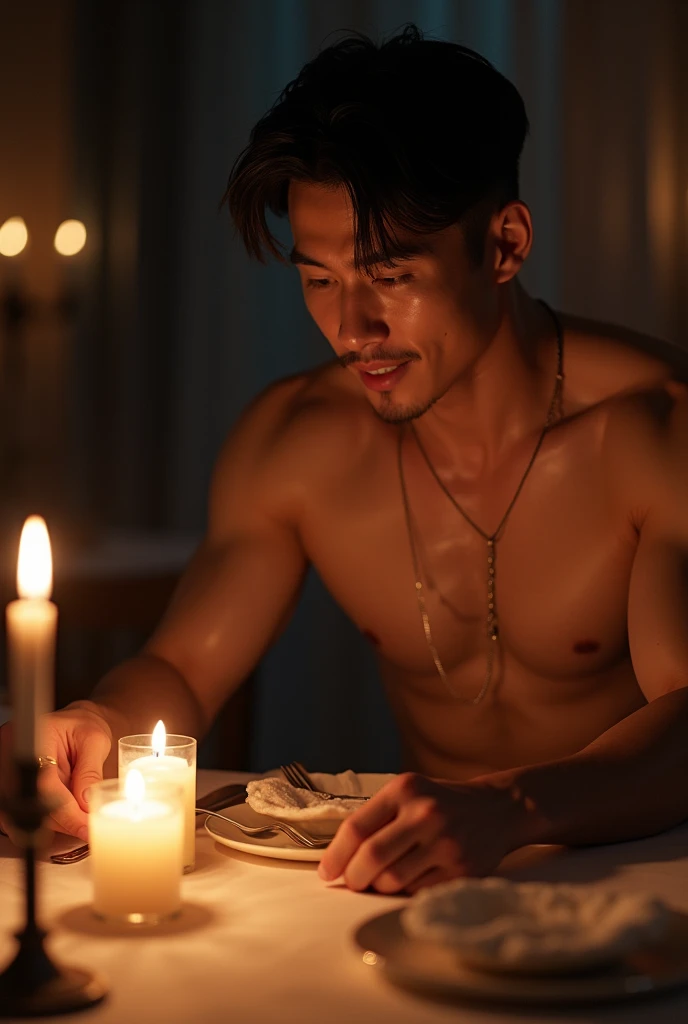 photorealistic, best quality, masterpiece, extremely detailed, masculine, sexy, homoerotic, extremely handsome, 30 year old japanese man, muscular build, big smile, setting the table, candlelit dinner, in dining room, at midnight, cinematic shadows, extremely romantic atmosphere, perfect face, perfect fingers, perfect hands, perfection