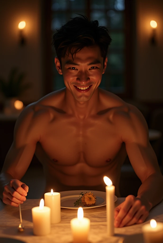photorealistic, best quality, masterpiece, extremely detailed, masculine, sexy, homoerotic, extremely handsome, 30 year old japanese man, muscular build, big smile, setting the table, candlelit dinner, in dining room, at midnight, cinematic shadows, extremely romantic atmosphere, perfect face, perfect fingers, perfect hands, perfection