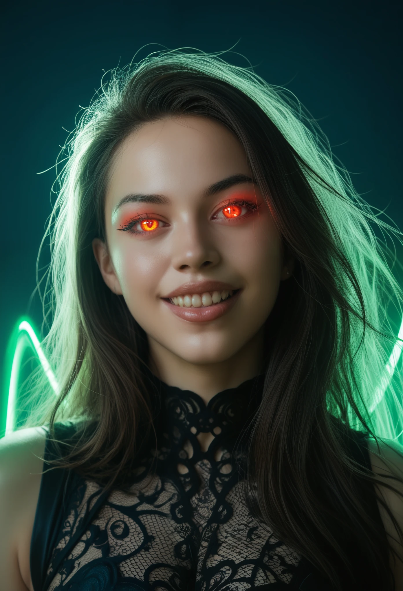 1 female Mantis alien, A scene from a science fiction movie, beautiful detailed eyes, beautiful detailed lips, extremely detailed face and eyes, long eyelashes, long sharp teeth like vampire, intricate insect-like features, glowing compound eyes, scythe-like forelimbs, alien carapace, vibrant colors, futuristic sci-fi environment, neon lights, glowing energy field, complex technological architecture, dramatic lighting, cinematic atmosphere, award winning digital art, hyper realistic, 8k, high quality, masterpiece