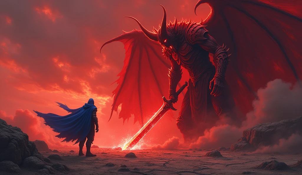"Under a blood-red sky, the ground shakes as the final blow lands, and the once-mighty Demon Lord is brought to his knees. His fiery red armor, now cracked and broken, no longer radiates the dark energy that once made him so terrifying. The Demon Lord collapses forward, his massive blood-red sword slipping from his grip and clattering to the ground. His crimson eyes, filled with defeat, dim as he bows his head, pressing his hands into the cracked earth in a gesture of submission and despair.
Before him stands the Hero, resplendent in his gleaming blue armor, his radiant sword still glowing with the holy energy of the final strike. The Hero’s blue cape flutters in the wind as he stares down at the fallen Demon Lord, his expression a mixture of exhaustion and resolve. The ground beneath them is scarred and torn from the ferocity of their battle, but now all is quiet as the Demon Lord, once so powerful, lies prostrate on the ground, his red form fading into the shadows of defeat.
The sky, still tinged with red, begins to show signs of clearing, as if acknowledging the end of this epic struggle. The Hero, standing tall and victorious, is a beacon of hope and light, his blue figure shining brightly against the dark, defeated form of the Demon Lord."