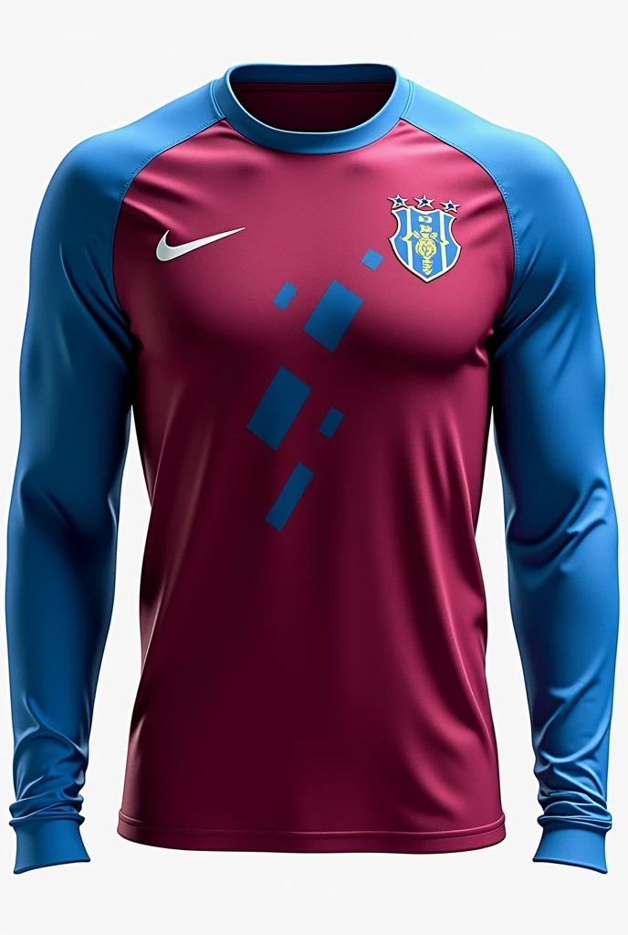 A long sleeve goalkeeper style shirt in burgundy and blue that has square, rectangular and line graphic elements for a uniform front 