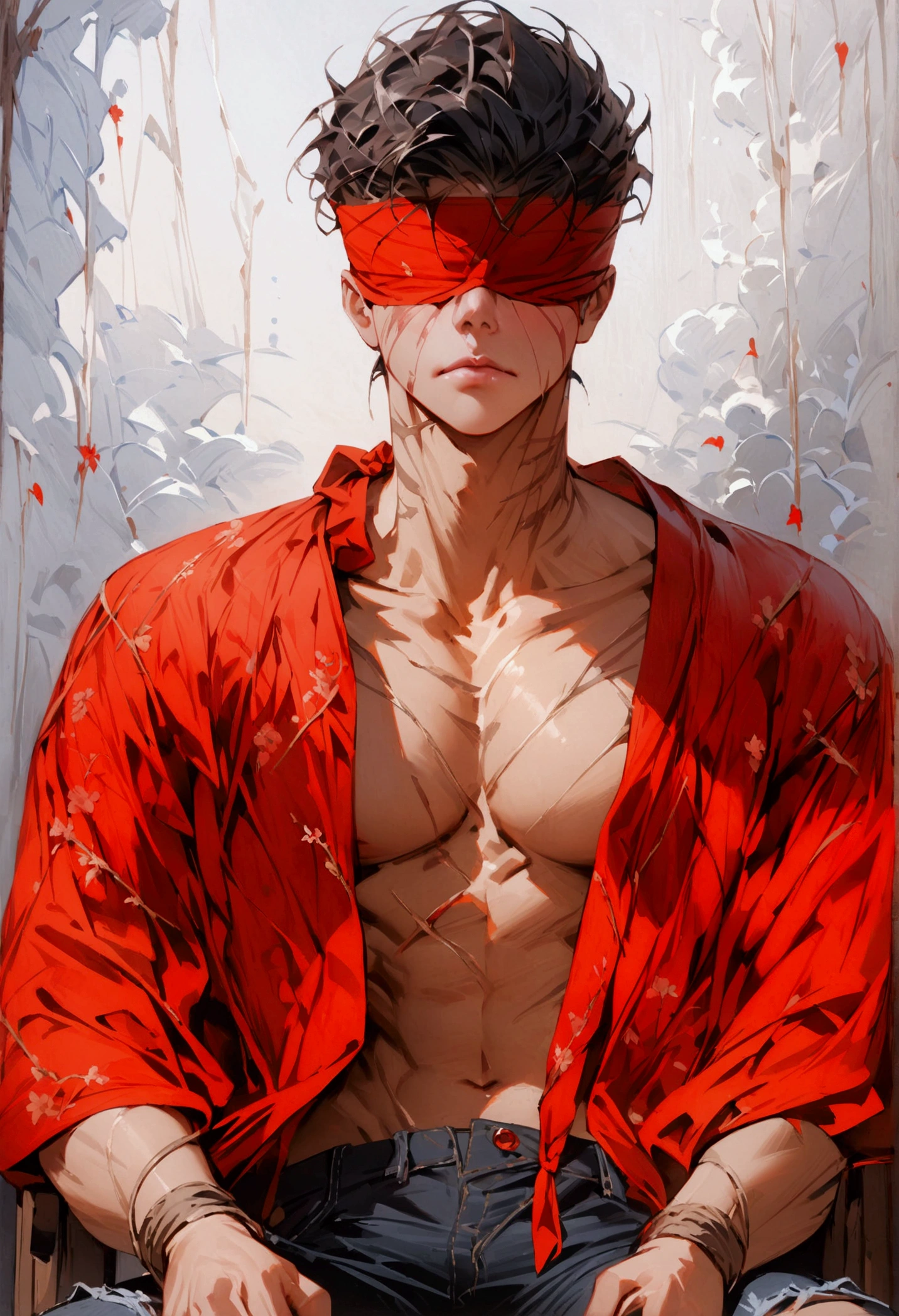 (masterpiece), Detail painting, Oil painting, high res, detailed face, detailed body, 1 man, tied to a chair, full body shot, blindfolded, red robed, short black hair, scarred neck, ripped jeans, shirtless, front shot