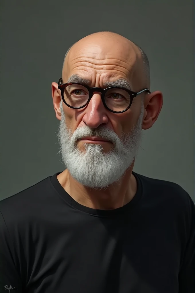 Caucasian man , offwhite , convex nose, white bearded , bald shaved head , round glasses dark lenses thin lips black t-shirt 