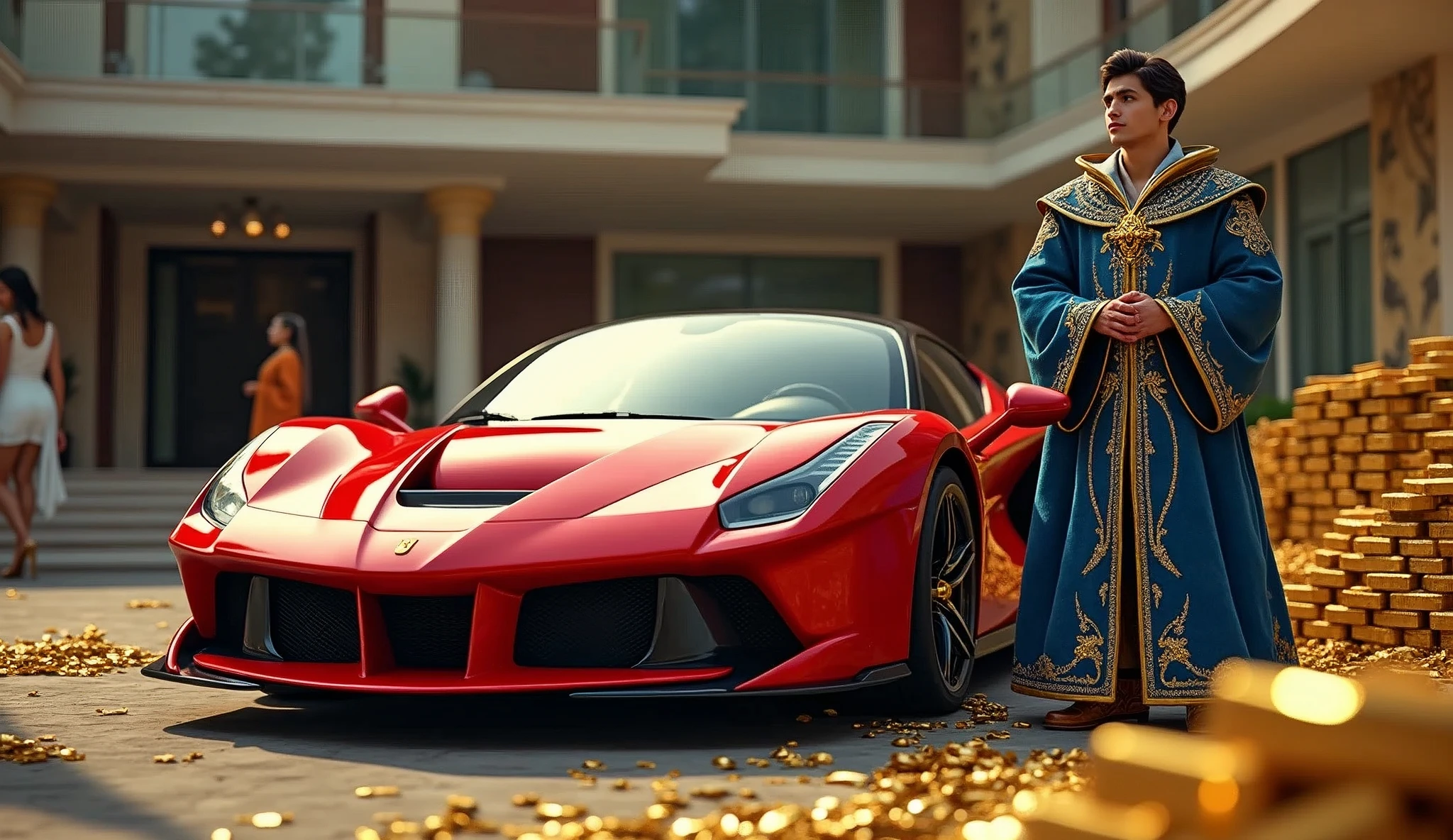 CREATE AN ULTRAREALISTIC IMAGE WITH A BEAUTIFUL RED FERRARI PARKED NEXT TO GOLD BARS AND OPEN SUITCASES WITH DOLLARS INSIDE, IN THE BACKGROUND A BEAUTIFUL MANSION WITH WOMEN AND NEXT TO THE FERRARI A HANDSOME YOUNG WIZARD IN BLUE CLOTHES AND FULL OF JEWELS AS PER THE MAGIC OF THE TIP, PERFECT WIZARD HANDS WITH 5 FINGERS, EA FERRARI BIG, real life size, AND THE MODERN MANSION, MODERN ARCHITECTURE WITH BEAUTIFUL WOMEN IN THE FRONT