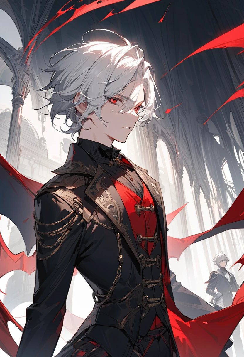 anime style image，Man wearing black suit and red cloak, Handsome guy in the art of slaying demons, Wearing a black noble suit, Inspired by Hiro Yamagata, Exquisite androgynous prince, beautiful androgynous prince, Male anime characters, androgynous vampire, Handsome male vampire, Alucard, author：Yang Jie, steampunk aesthetic,((white hair)),dynamic angle,dynamic pose,prison background,jeil background,