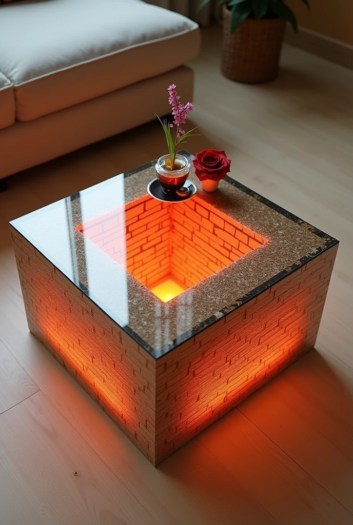 Small square coffee table handcrafted, featuring a two-way mirrored glass top that reflects a visual effect of a stunning tunnel-like interior, endlessly deep, lit from the inside by reddish orange LED lighting - combining the heat of orange. The sides are covered with brick wallpaper that simulates the look of 3D textured wallpaper.. The table is decorated with simple decorations such as small flowers, a cake and accessories containing a red rose and a cup of tea. . The table is placed on a light-colored wooden floor.. The table design combines simplicity and elegance with a touch of modernity, making it a distinctive piece of art in any room or living room.