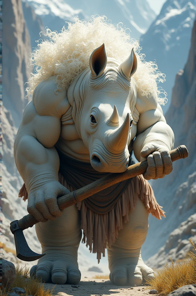 A noble white rhinoceros woman with a pickaxe and curly hair