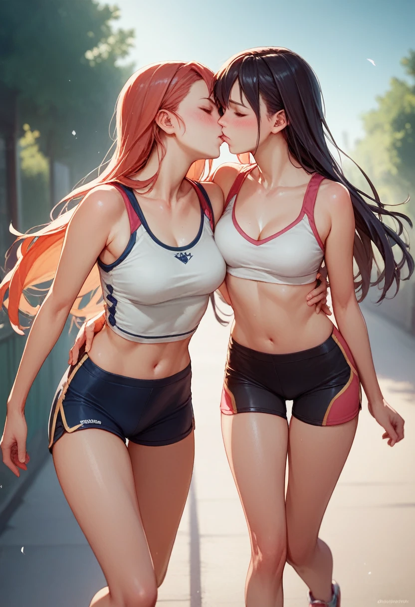 very sexy anime girls in running shorts and no bra, Two girls kiss while riding a bike, breastsout, long hair, short shorts, neckleace, blush, へそ, dolphinshorts, large breastsout