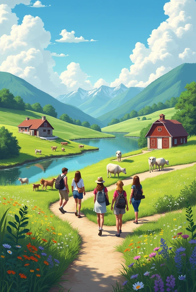 A tourist company with several adults visiting a small farm with animals and lakes 