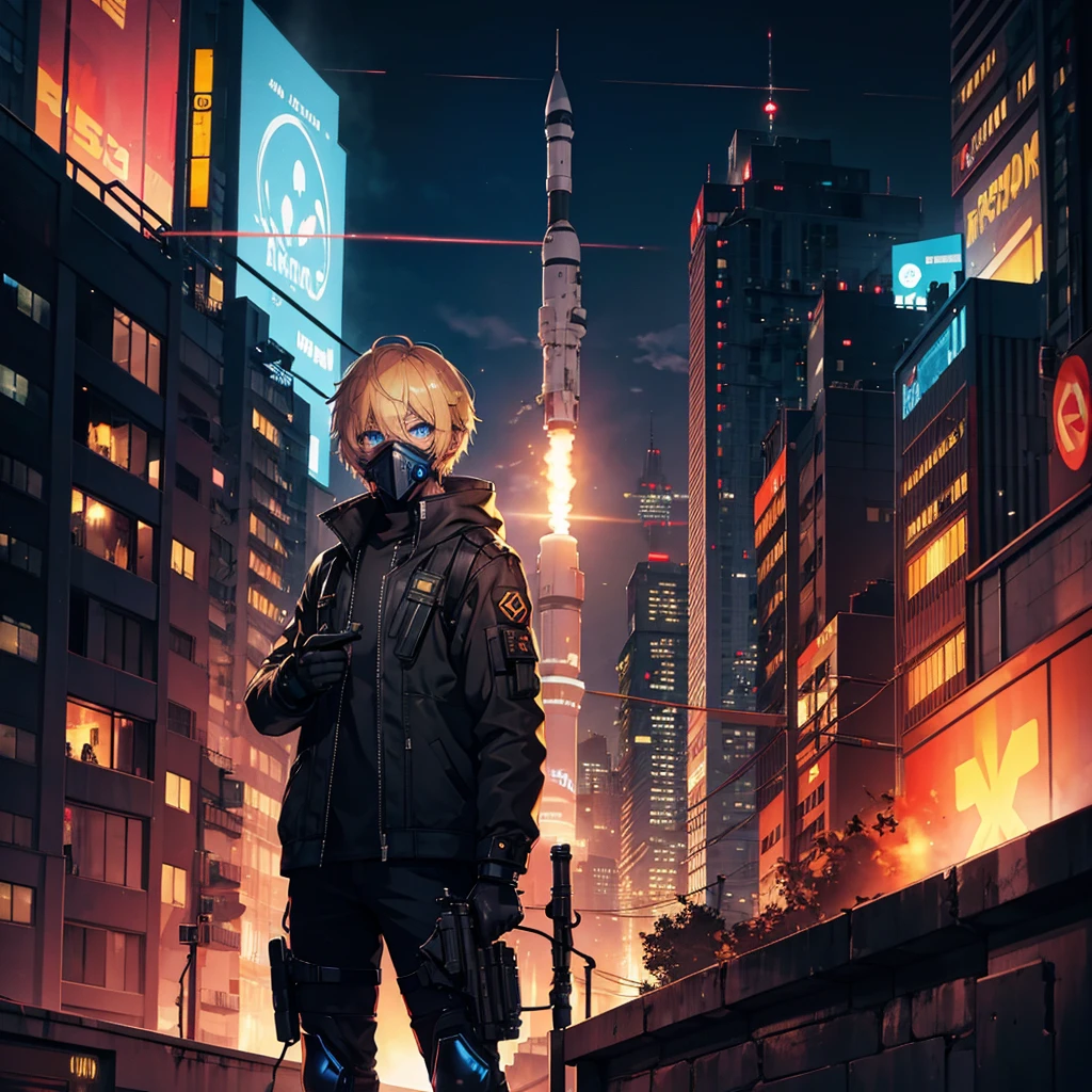 1 male,Adult,blue eyes,gas mask,Golden hair color,Medium Short Hair,Cyberpunk clothing,night,Future City,Standing on a rooftop with a rocket launcher, admiring the view,Calm expression,Muscular,tattoo,neon