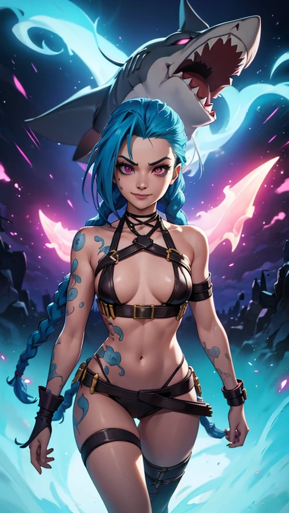 jinx, arcane, jinx personaje de League of Legends, long neon blue hair in braids, Perfect small breasts, scantily clad, underwear, Sex Woman, perfect hands, double hair braids, Braided hair, Minipistola, Juxtaposition of light& shadow, moody, intense, feroz, cinematic lighting, rake light, Long luminous shadows, high quality, smiling while holding a shark-shaped rocket launcher, anime style face, perfect body.