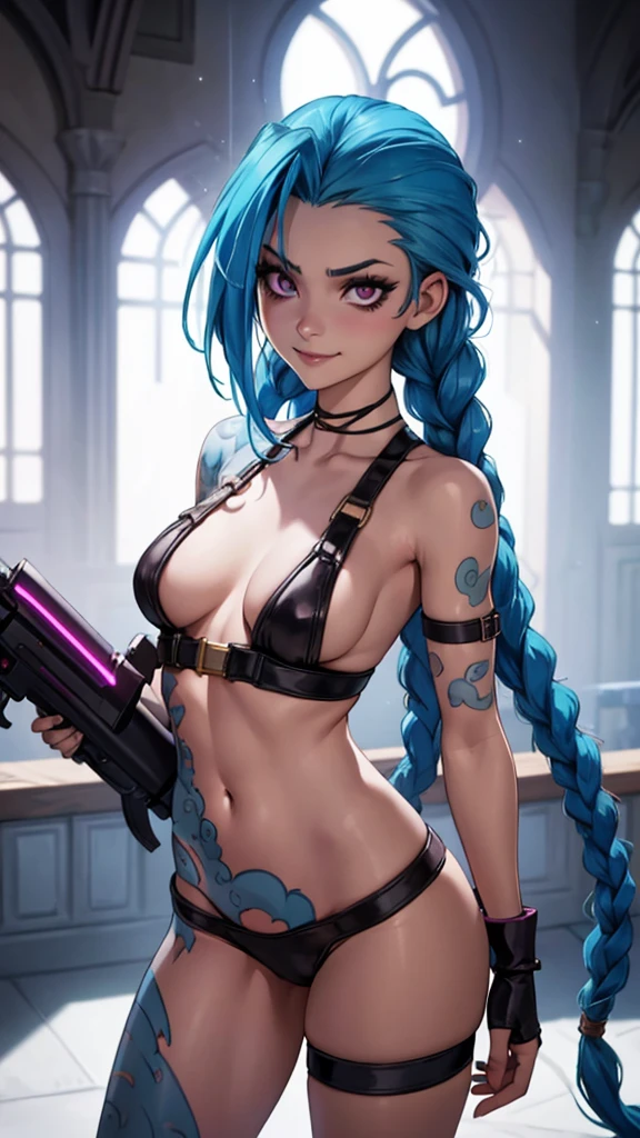 jinx, arcane, jinx personaje de League of Legends, long neon blue hair in braids, Perfect small breasts, scantily clad, underwear, Sex Woman, perfect hands, double hair braids, Braided hair, Minipistola, Juxtaposition of light& shadow, moody, intense, feroz, cinematic lighting, rake light, Long luminous shadows, high quality, smiling while holding a shark-shaped rocket launcher, anime style face, perfect body.