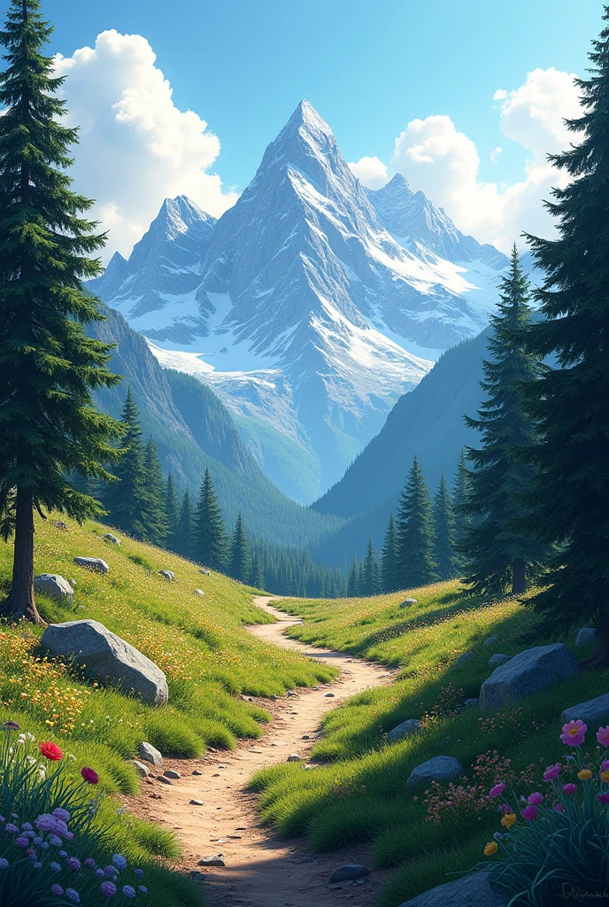 Track with three mountains