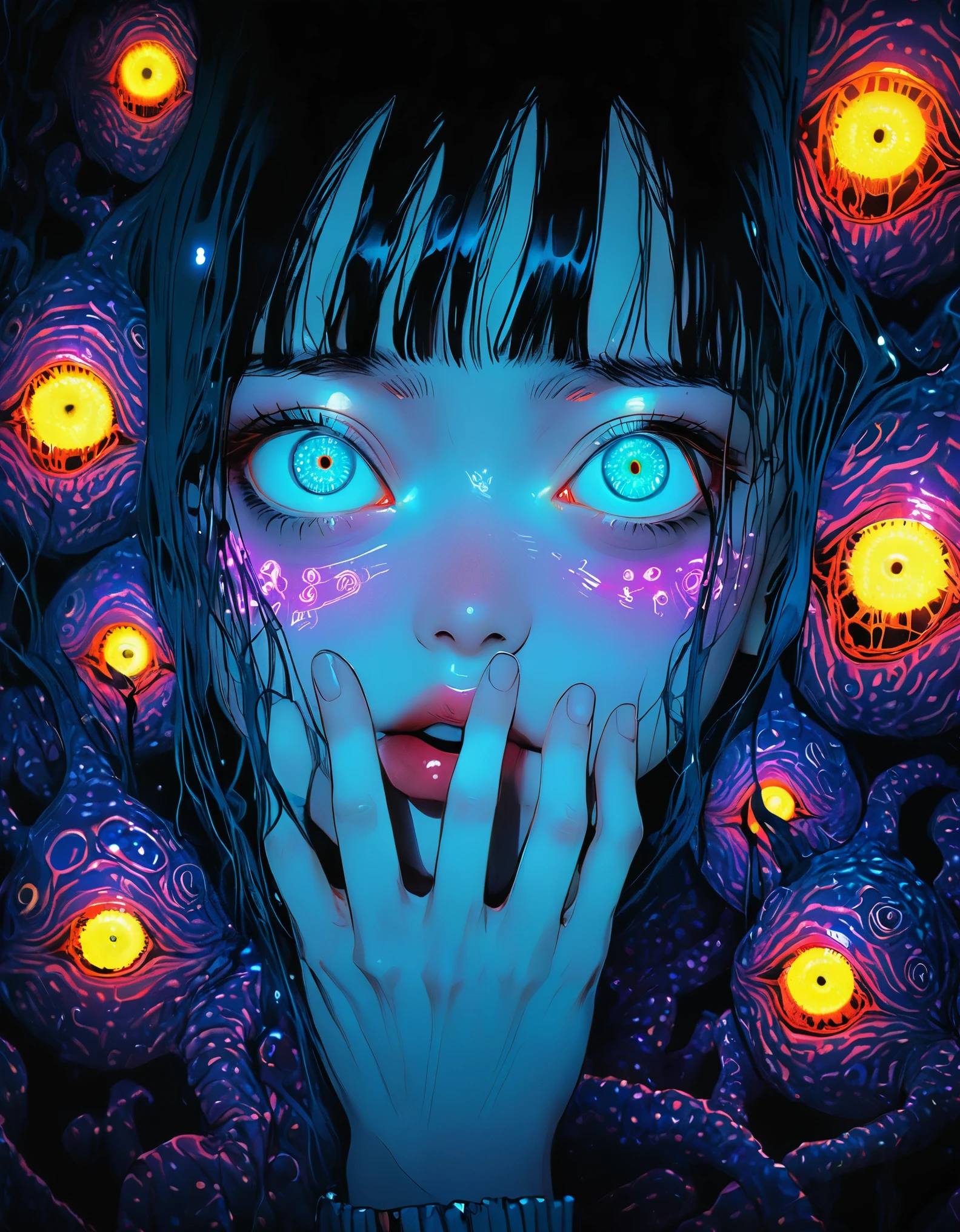 surreal horror, anime style, directed by Junji Ito, high contrast, vivid colors, eerie atmosphere, psychological tension, intricate line work, nightmarish creatures