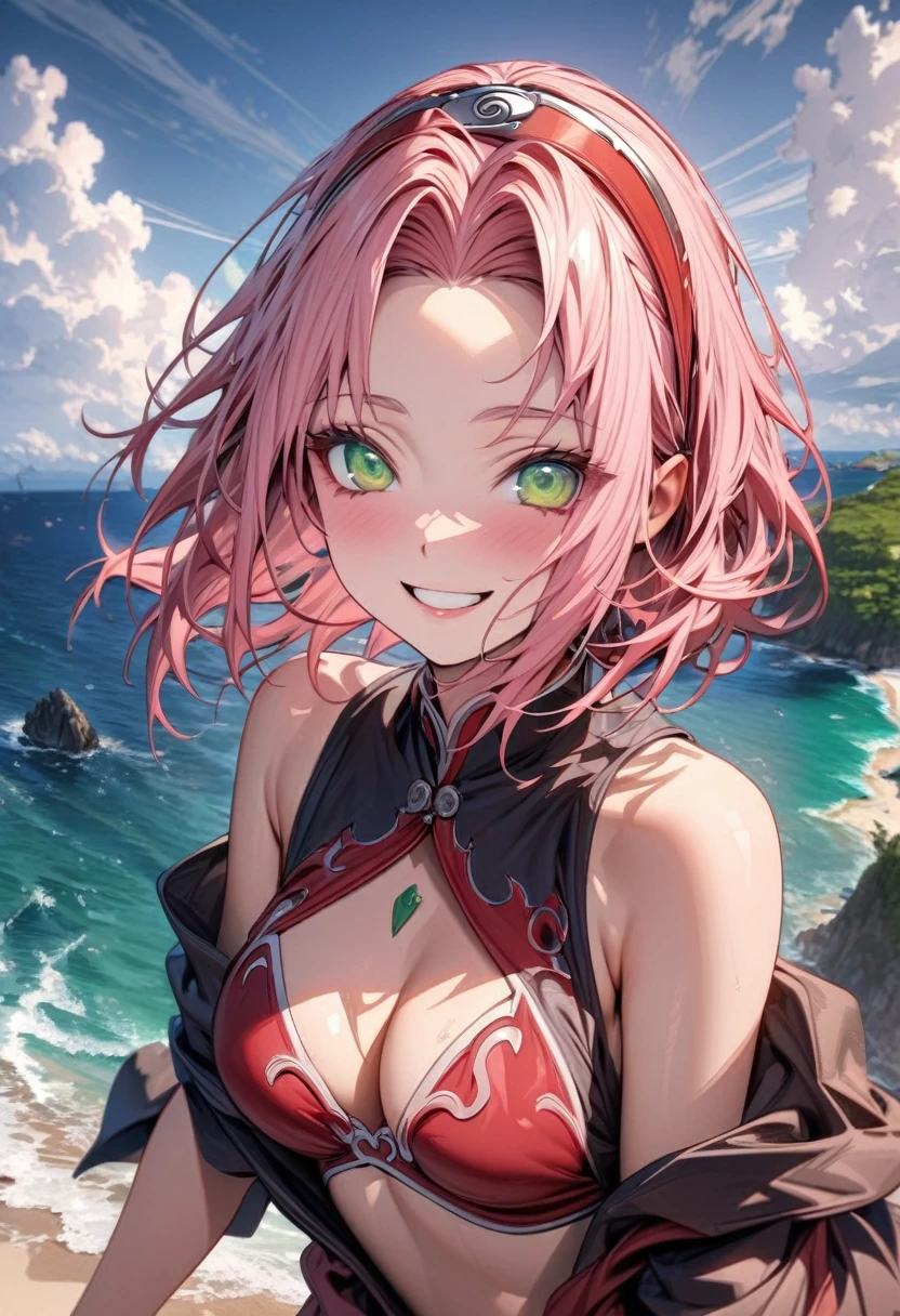 absurdres, highres, ultra detailed, HDR, master piece, best quality, extremely detailed, Haruno Sakura, pink hair, expressive green eyes, Naruto Shippuden, solo, woman, beautiful, smile, red bikini, island, sea, beach