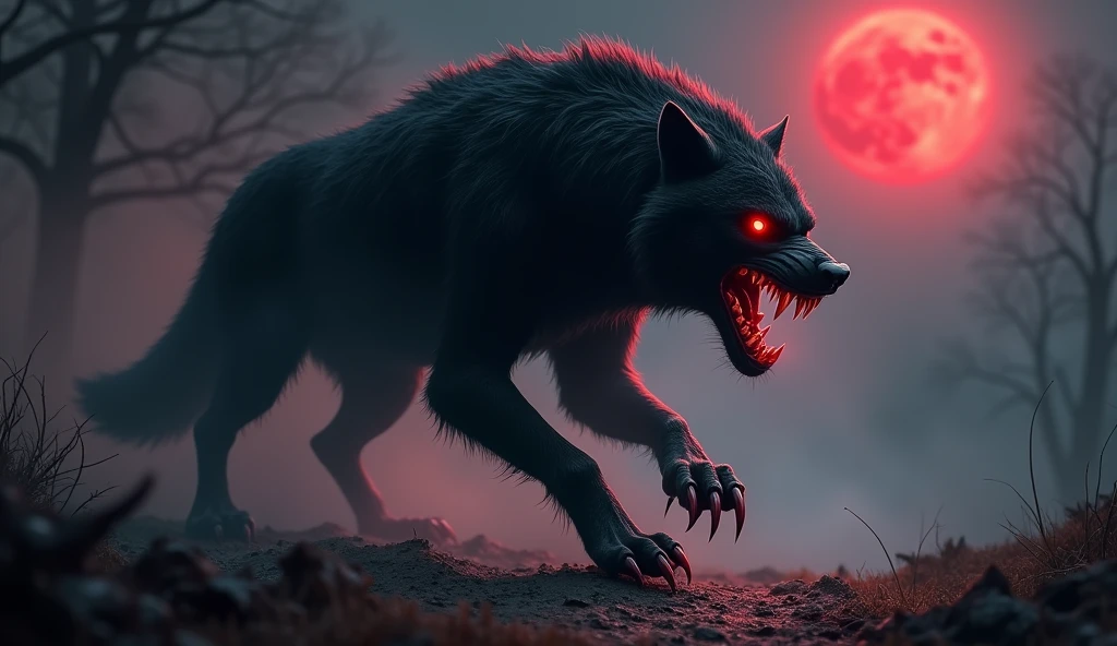 Create a black werewolf with red eyes and blood red claws in the middle of a mist with the blood red moon