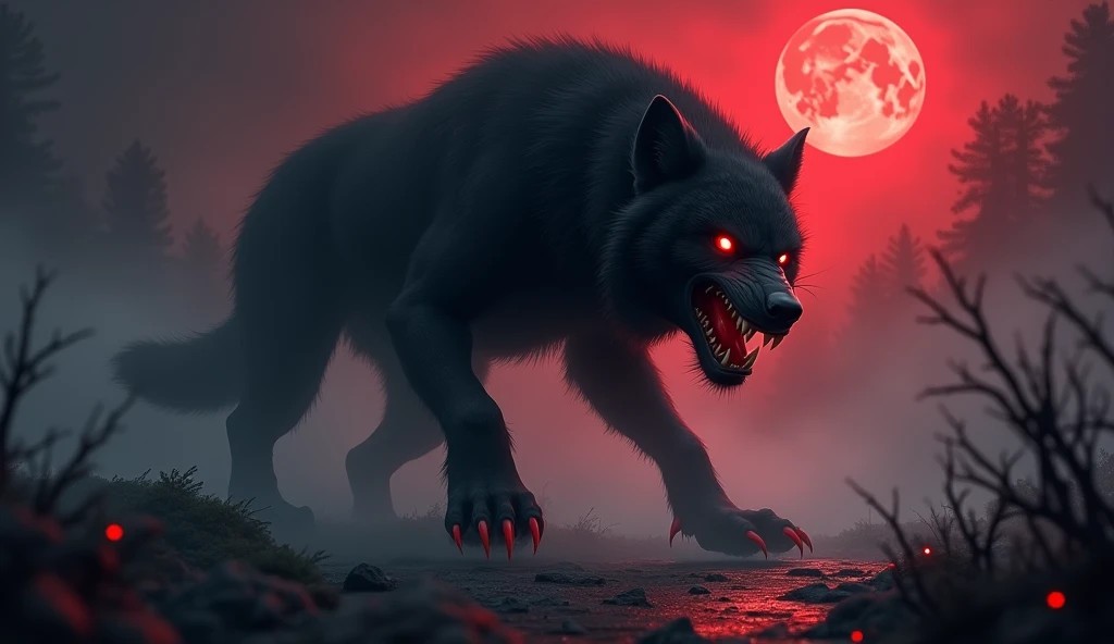 Create a black werewolf with red eyes and blood red claws in the middle of a mist with the blood red moon