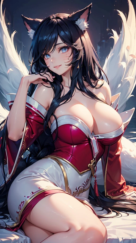 (best quality,ultra-detailed,realistic:1.37),Ahri,spa,luxurious,relaxing atmosphere,beautiful detailed eyes,beautiful detailed lips,smiling,bathrobe,sitting upright,black hair,nine white tails,peaceful background,portraits,vivid colors,soft lighting,tranquil ambiance, bare breasts