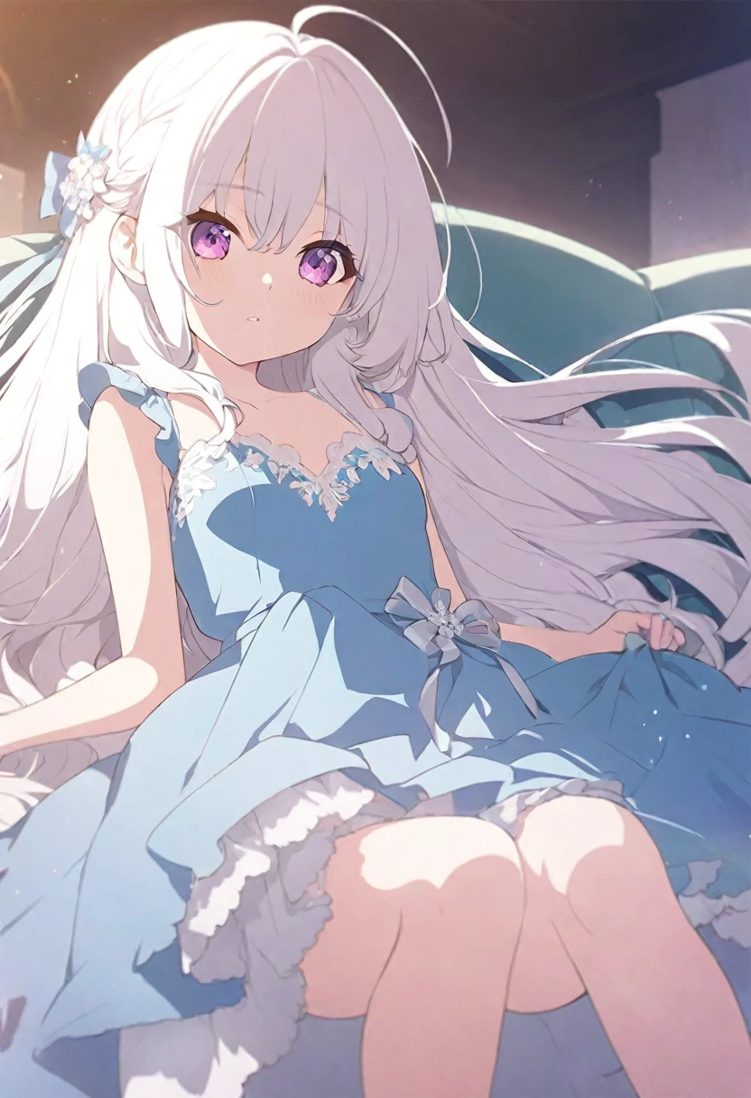 Anime girl with long white hair and a blue dress lying on the sofa, Lori, Small curvaceous, Splash art anime , Cute girl anime visuals, Soft anime illustration, Nightcore, Beautiful and detailed anime art, Cute anime waifu in a nice dress, , Cute Anime Girl, Anime guy squatting