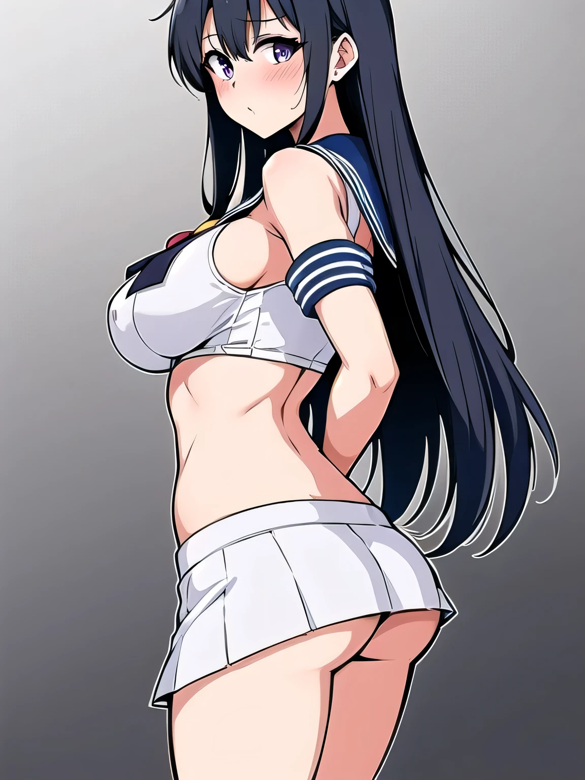 a black ink drawing in outline and colors, character: Hayase Nagatoro in a uniform consisting of an unbuttoned blouse with a wide neckline showing a bra and thong under a cowboy mini skirt, Slim build, She is a girl with a large but firm and rounded bust with covered nipples, She likes sexy poses, Open legs and rounded and firm butt like her heroine Sailor Moon, Leaning forward, slightly lifting her miniskirt, you can see her buttocks.,1 girl view. (The work signed by "MemMt" In the lower right corner), white background, rear side lighting, full body shot, Sexy angle,