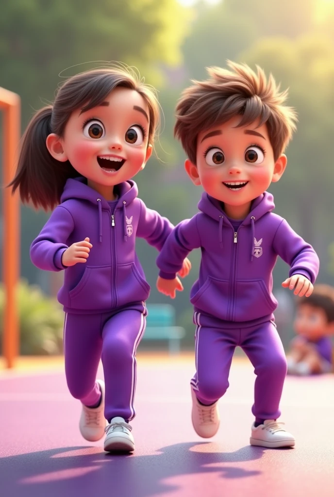 create animated images of a girl and a boy, between five or six years old, with purple sportswear