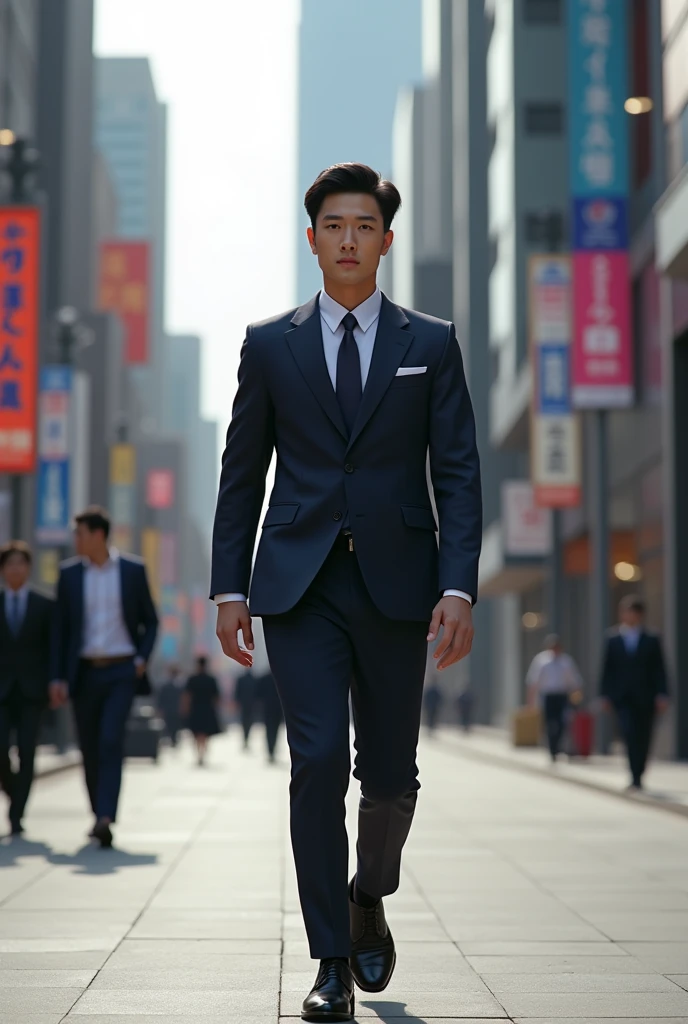 Man, Korean eyes, black hair, wearing suit, handsome, walking on sidewalk